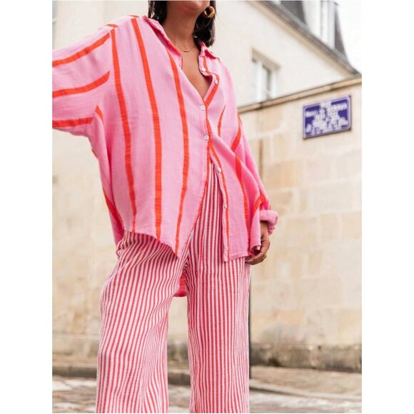 Plus Size Striped Button Down Shirt Long Sleeve Oversized Boho Renaissance - Picture 4 of 5